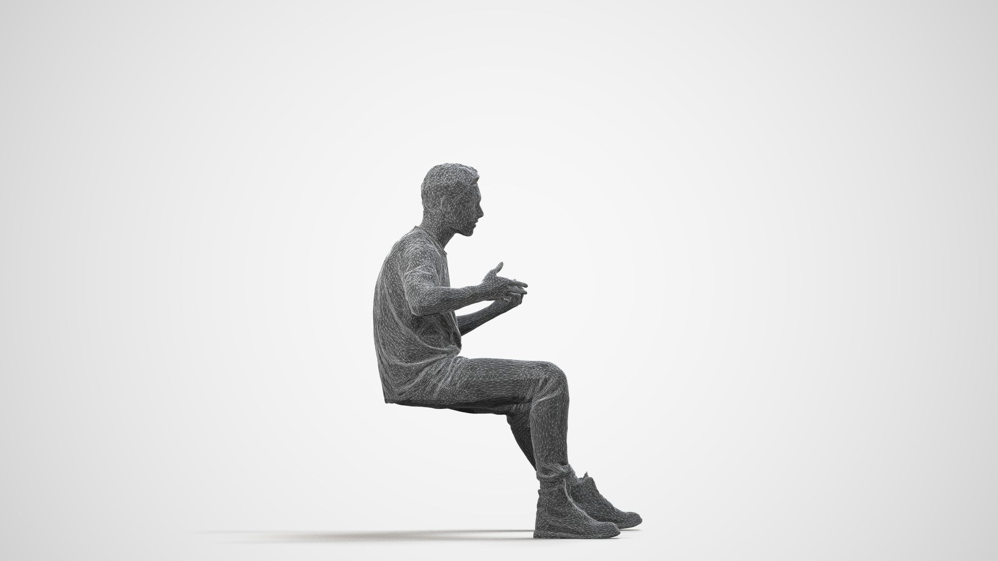 realistic 3D man casual sitting, scanned archviz people for Blender and 3ds Max, wireframe side view