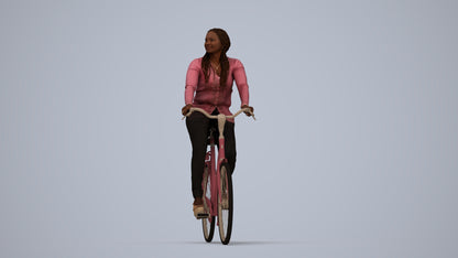 3D human model woman casual cycling, photogrammetry scanned person for archviz, top-down view render