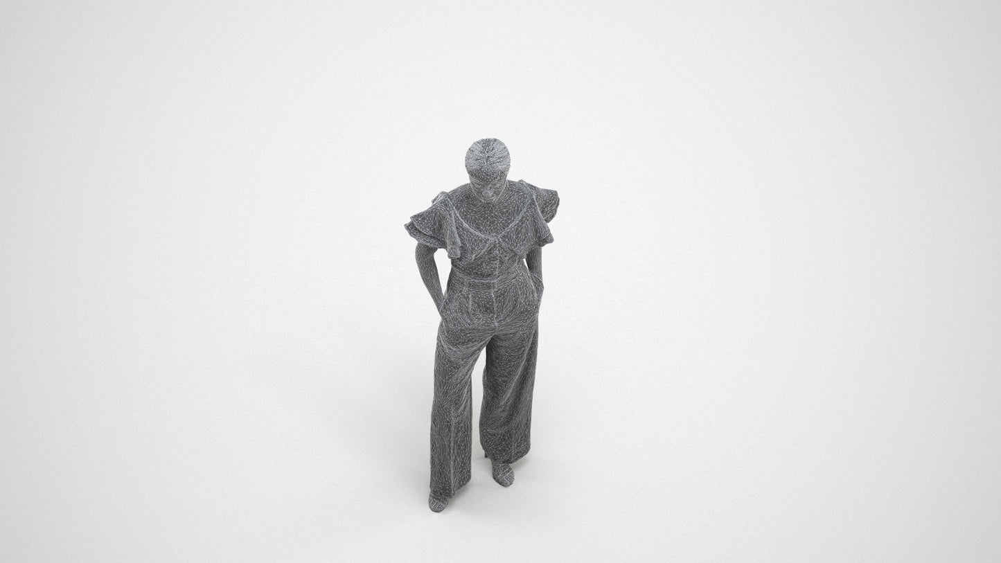 3D scanned woman standing business, photorealistic archviz people for Enscape and SketchUp, wireframe three-quarter view