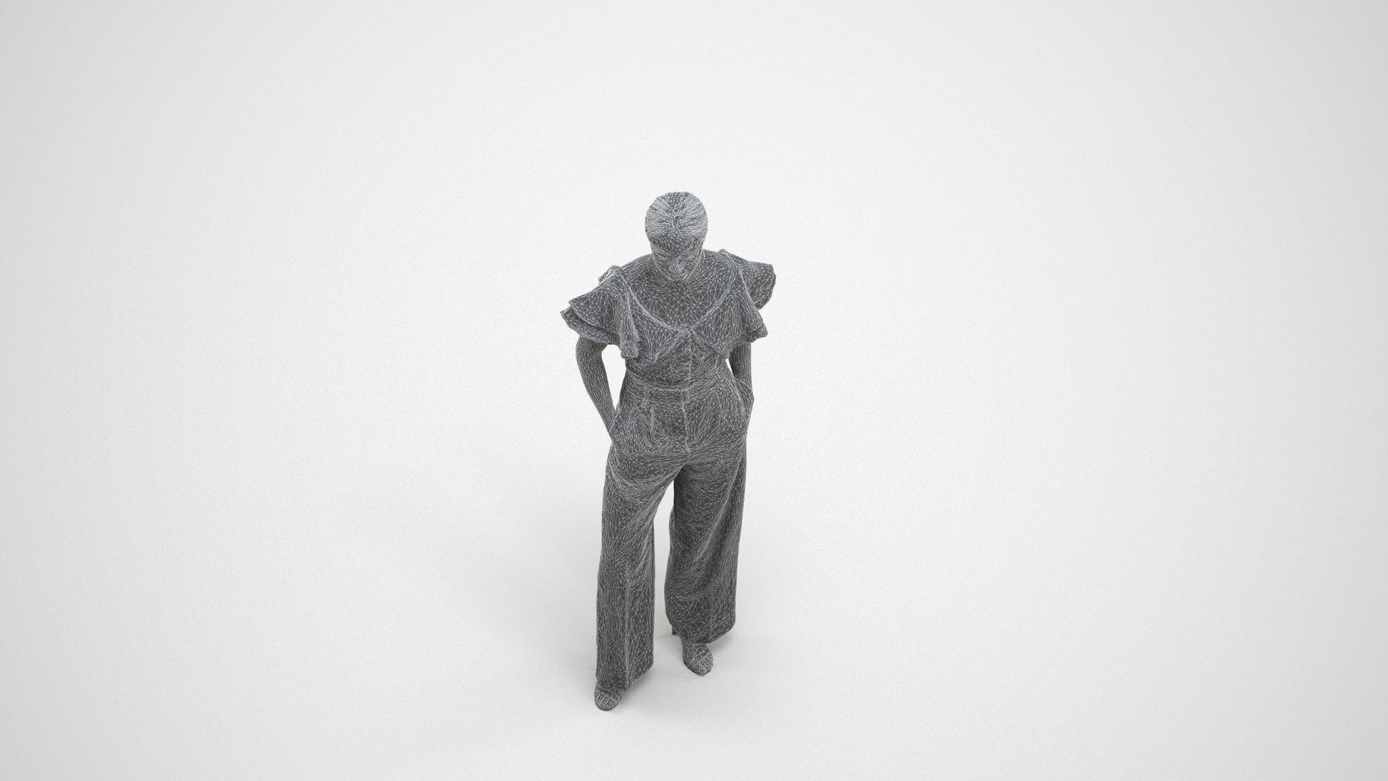 3D scanned woman standing business, photorealistic archviz people for Enscape and SketchUp, wireframe three-quarter view