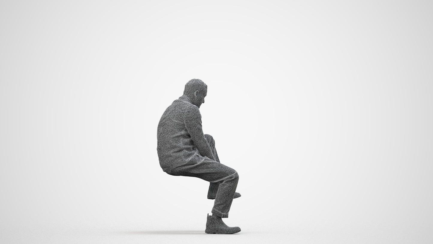 3D scanned woman sitting casual, photorealistic archviz people for Enscape and SketchUp, wireframe side view