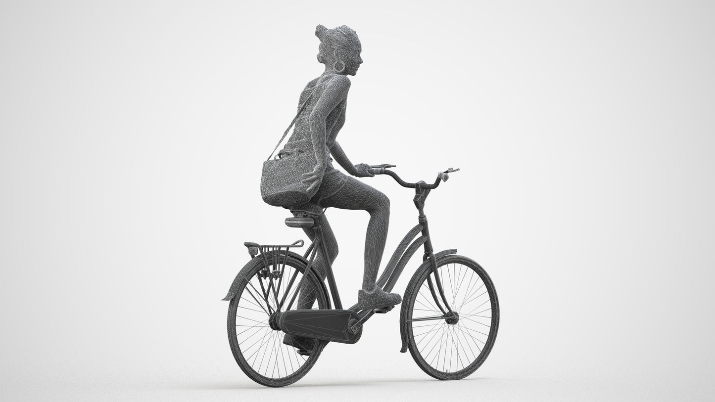 realistic 3D human woman casual cycling, archviz people FBX OBJ for Blender, wireframe side view
