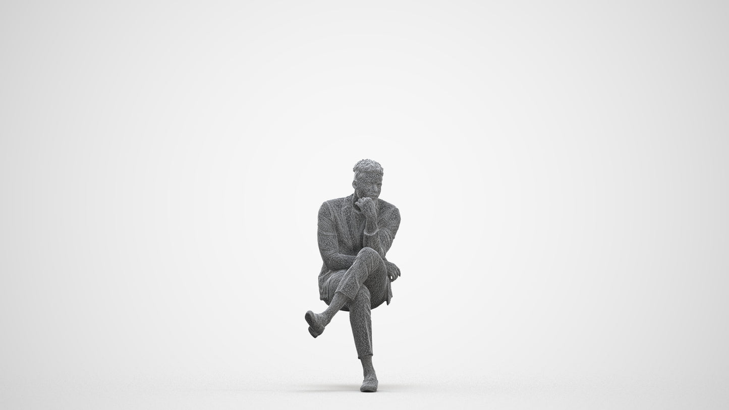 scanned 3D man casual sitting, photogrammetry people for Enscape and V-Ray, three-quarter front view render