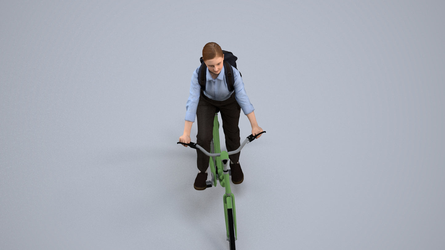 realistic 3D people girl business cycling, render-ready for V-Ray and Corona, FBX OBJ, back view render