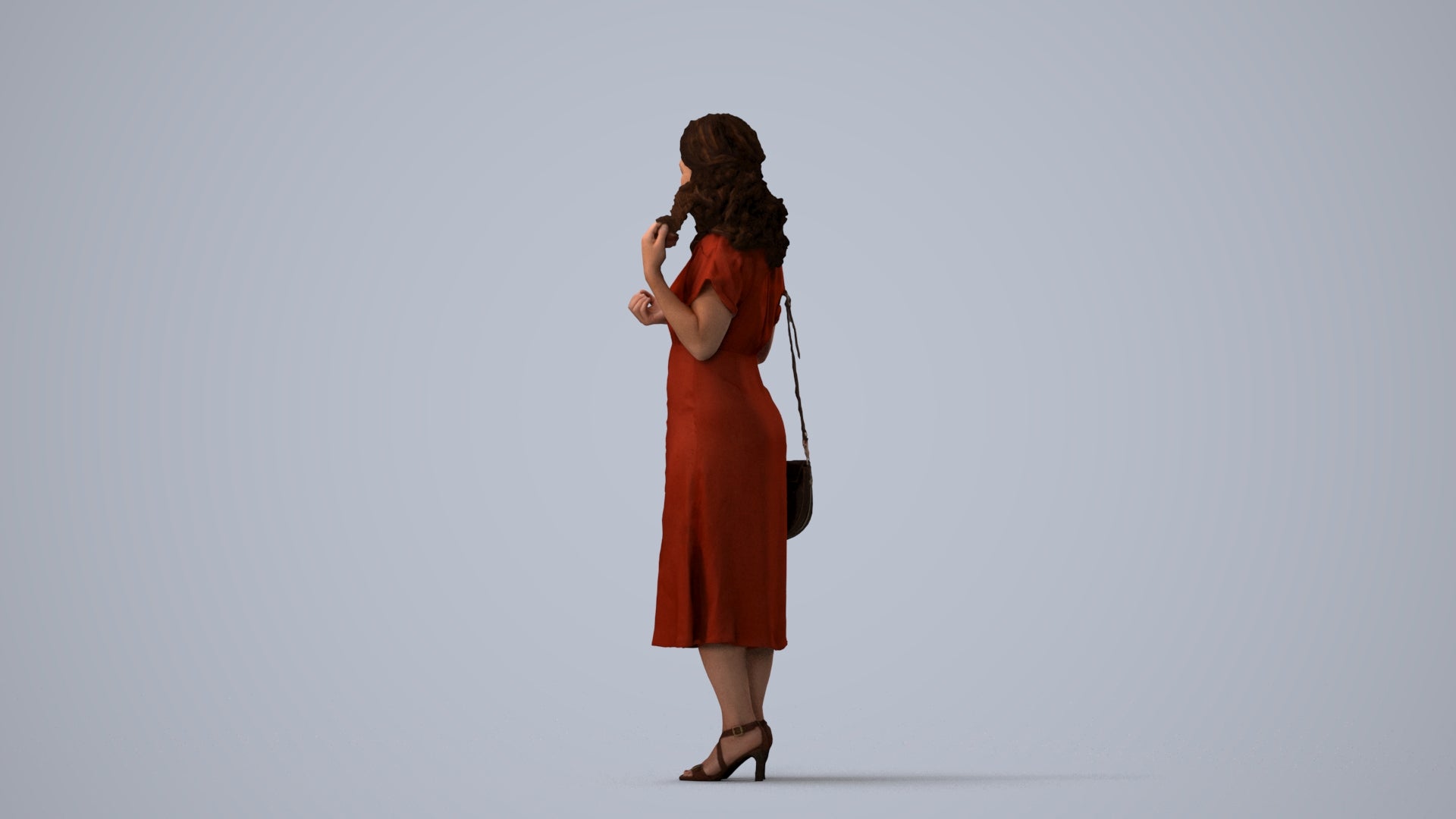 3D human model woman casual standing, photogrammetry scanned person for archviz, three-quarter view render