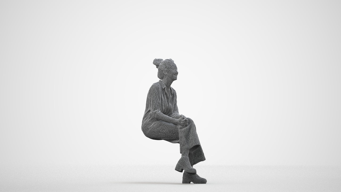 photogrammetry 3D woman casual sitting, realistic human model archviz FBX, wireframe side view