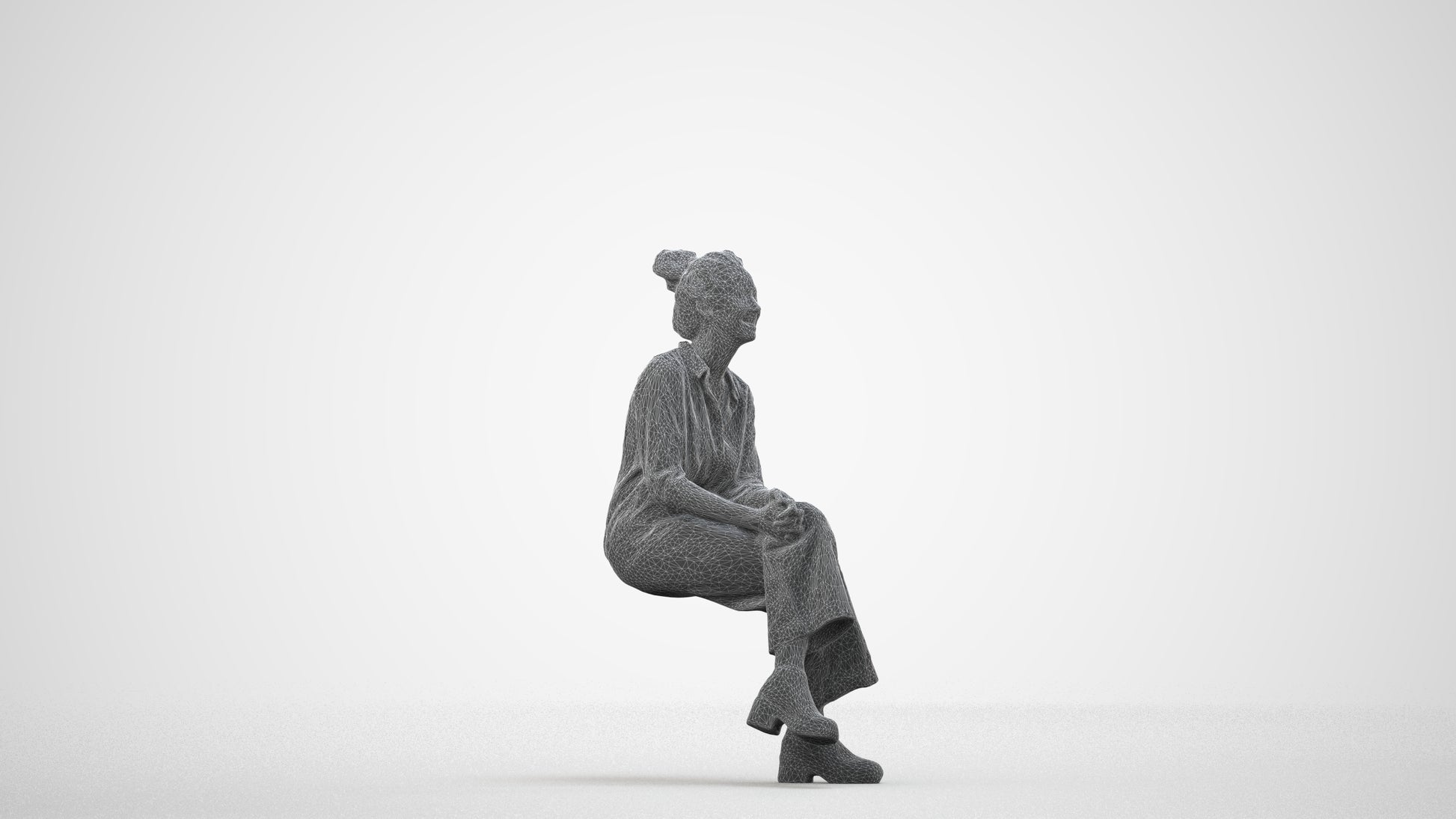 photogrammetry 3D woman casual sitting, realistic human model archviz FBX, wireframe side view