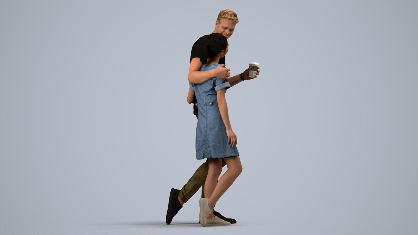 realistic 3D human woman casual couple, archviz people FBX OBJ for Blender, side view render