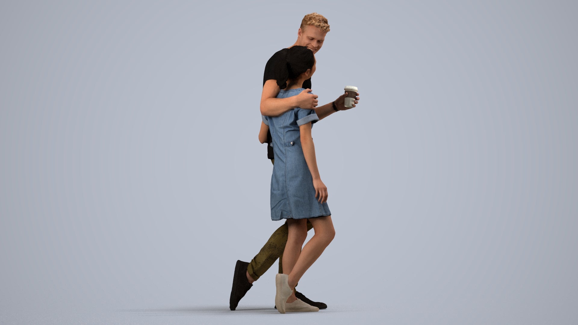realistic 3D human woman casual couple, archviz people FBX OBJ for Blender, side view render