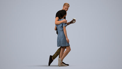 realistic 3D human woman casual couple, archviz people FBX OBJ for Blender, side view render
