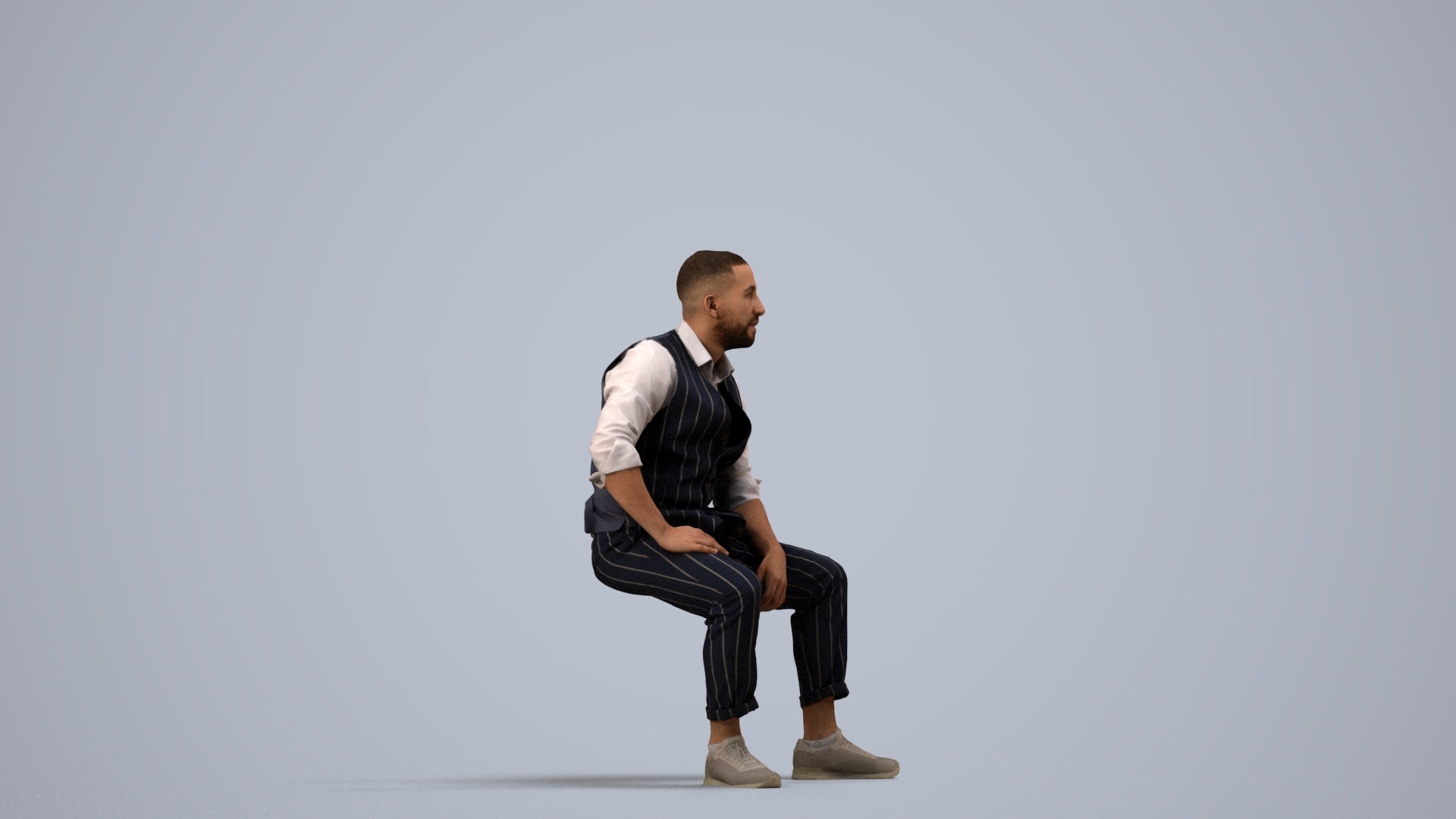 photogrammetry 3D man business sitting, realistic human model archviz FBX, side view render