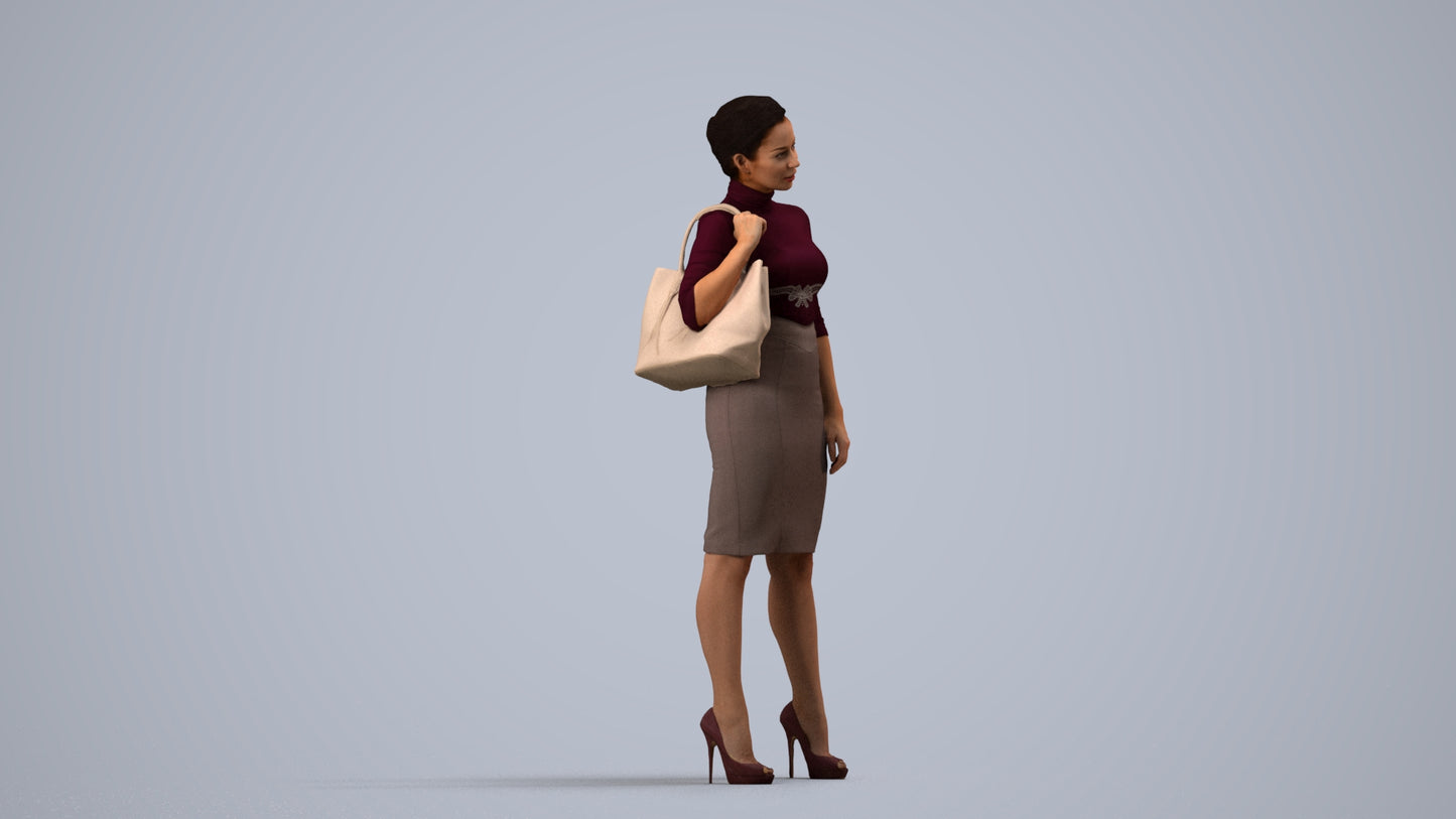 3D scanned woman standing business, photorealistic archviz people for Enscape and SketchUp, side view render