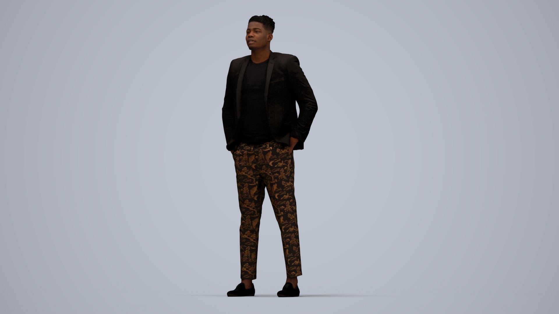 3D human model man casual formalaffairs, photogrammetry scanned person for archviz, top-down view render
