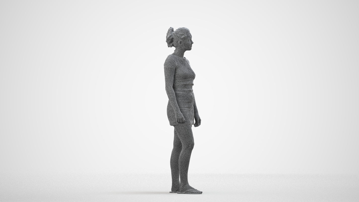 3D people model woman casual standing, scanned human for 3ds Max rendering, wireframe side view