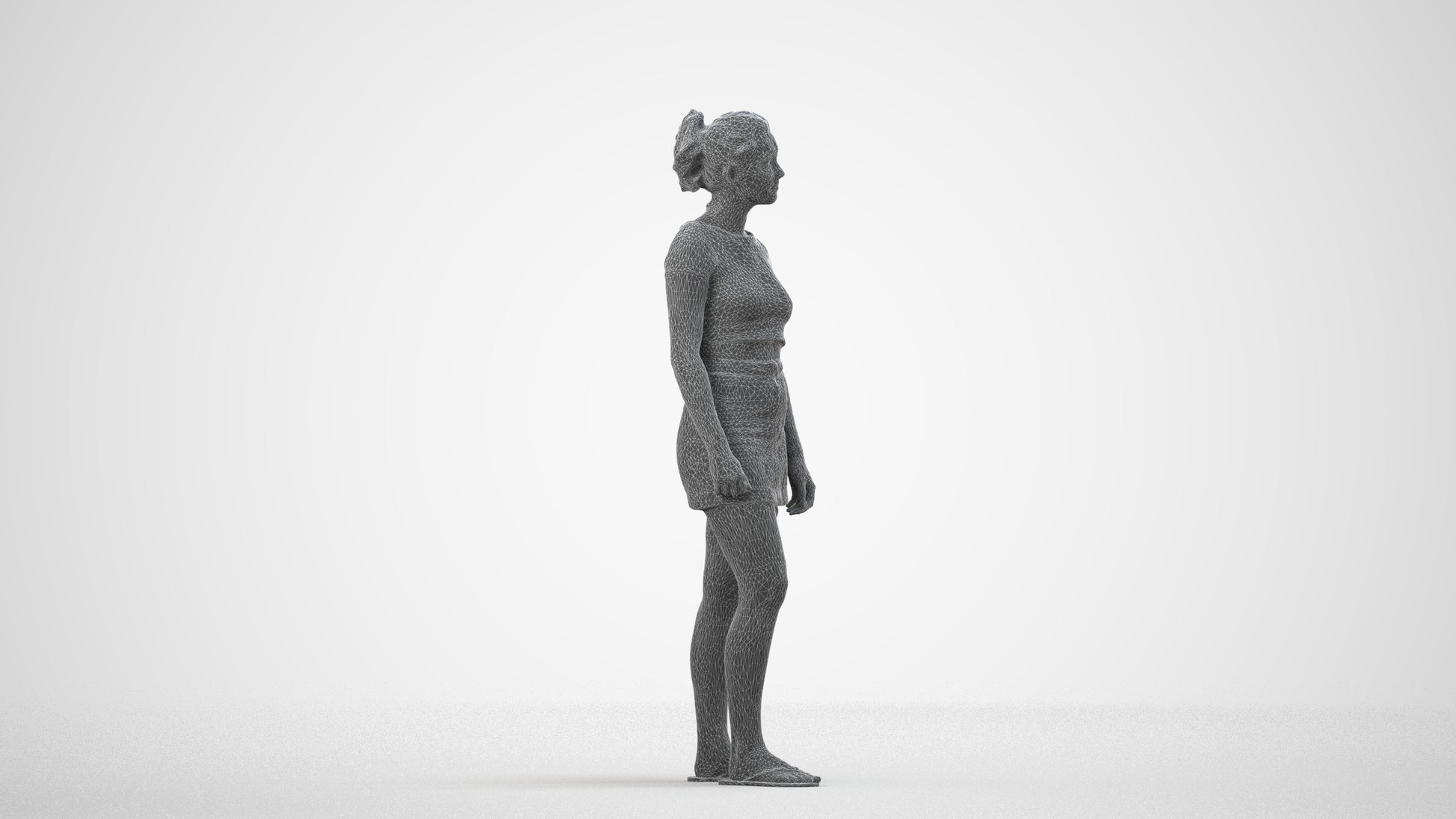 3D people model woman casual standing, scanned human for 3ds Max rendering, wireframe side view