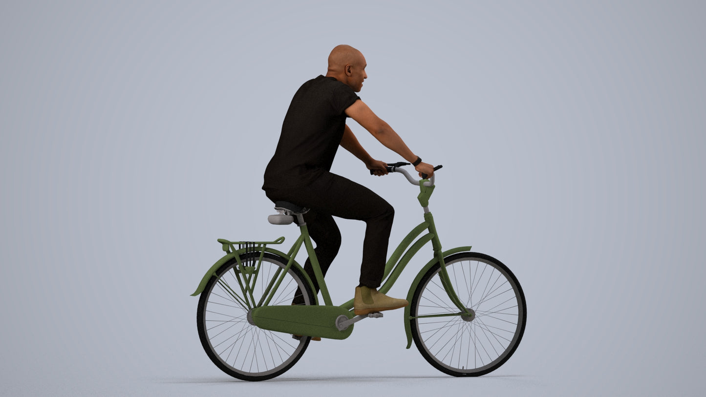 realistic 3D man casual cycling, scanned archviz people for Blender and 3ds Max, side view render