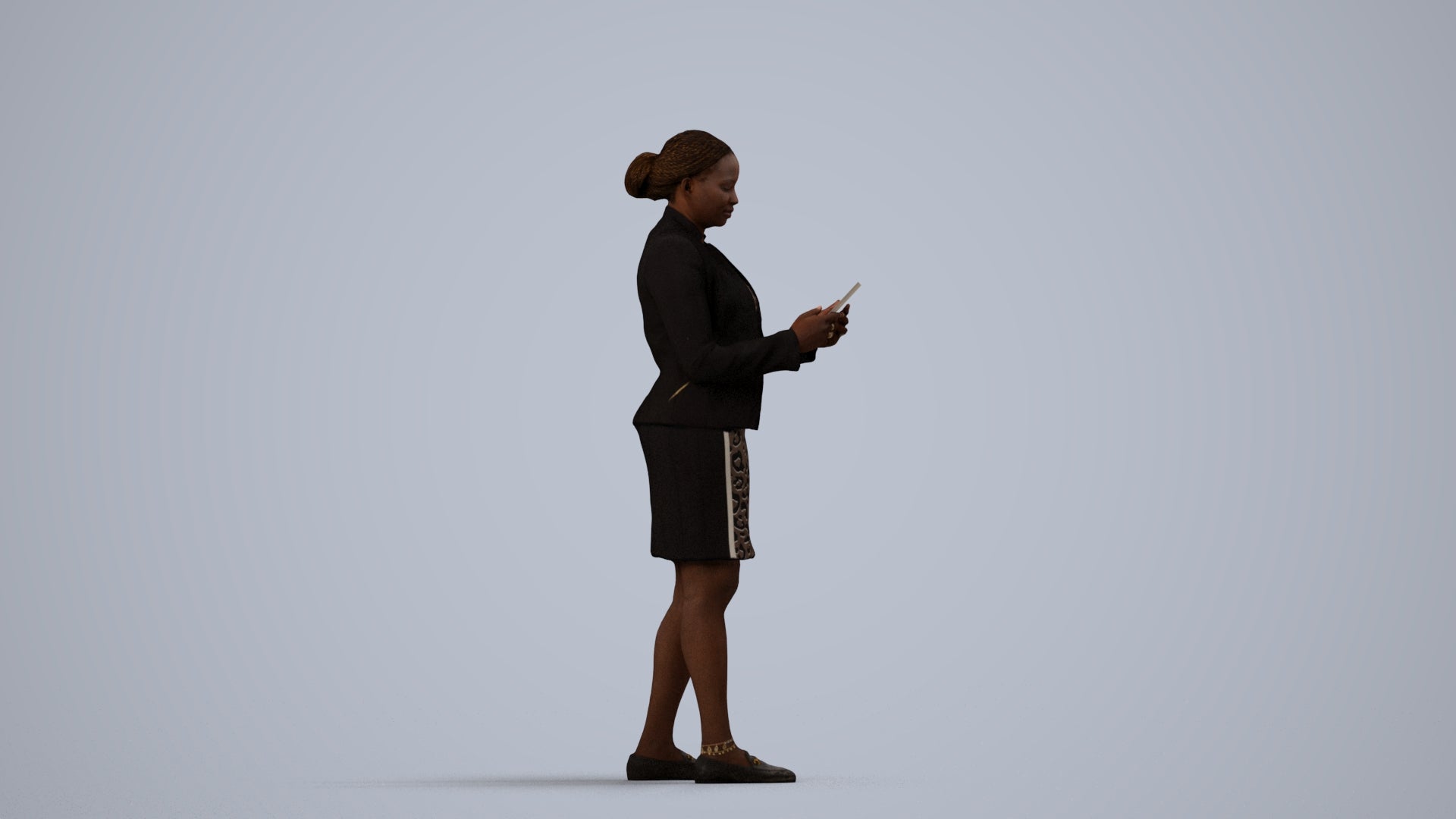 3D human model woman business standing, photogrammetry scanned person for archviz, side view render