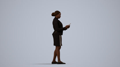 3D human model woman business standing, photogrammetry scanned person for archviz, side view render