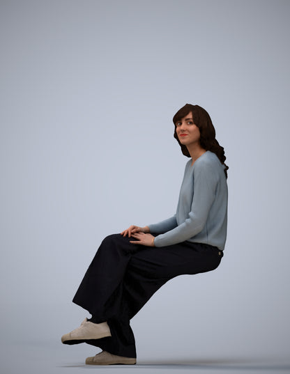 3D human model woman casual sitting, photogrammetry scanned person for archviz