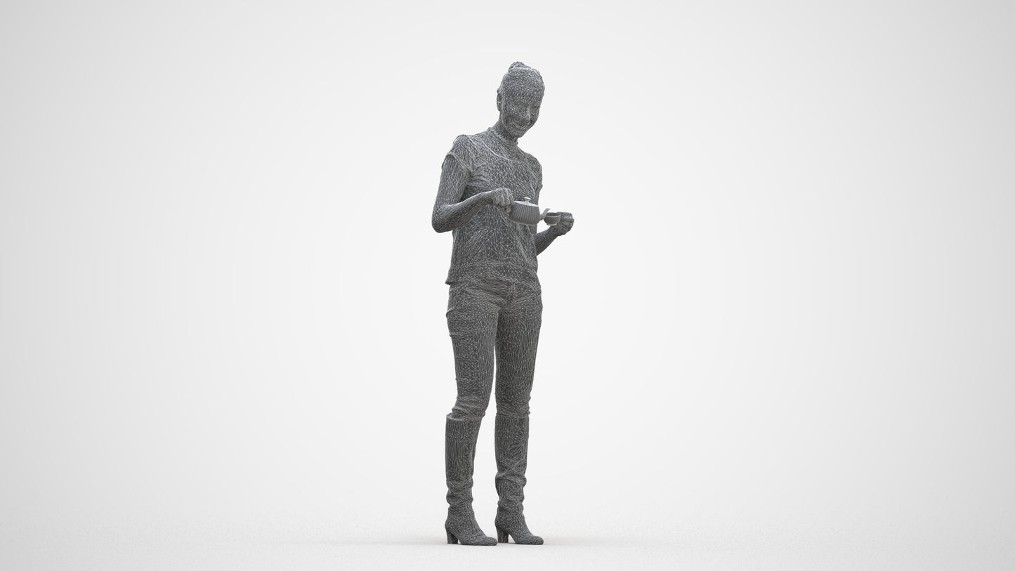 realistic 3D woman casual standing, scanned archviz people for Blender and 3ds Max, three-quarter front view render