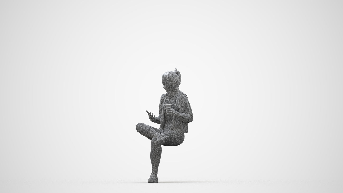 realistic 3D woman sport sitting, scanned archviz people for Blender and 3ds Max, wireframe back view