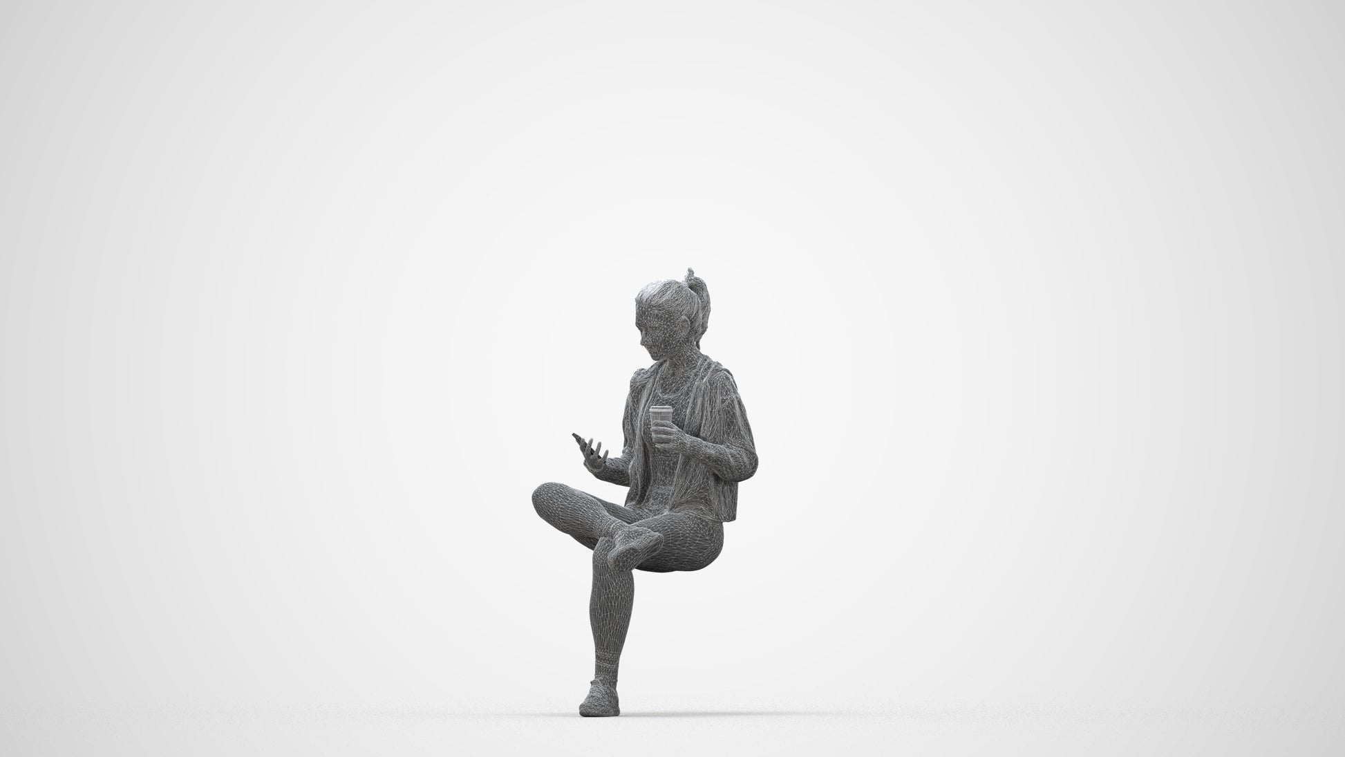 realistic 3D woman sport sitting, scanned archviz people for Blender and 3ds Max, wireframe back view