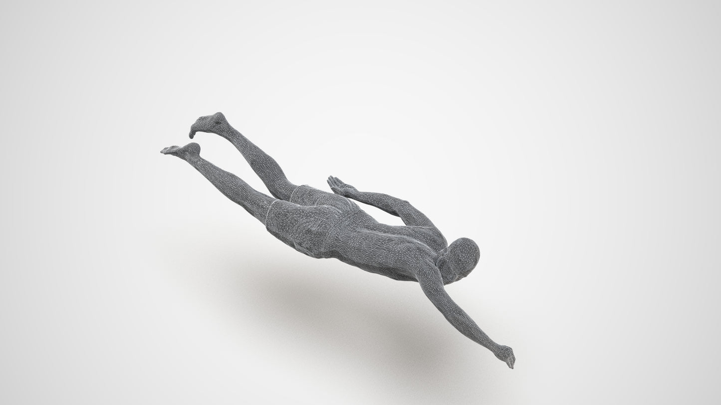 3D human model man sport pool, photogrammetry scanned person for archviz, wireframe three-quarter view