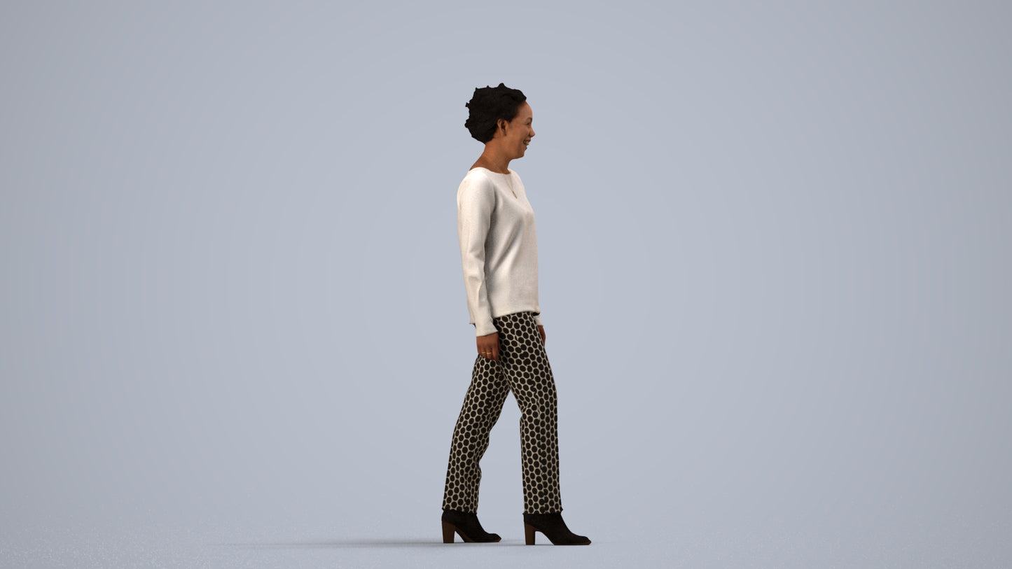 realistic 3D human woman casual walking, archviz people FBX OBJ for Blender, side view render