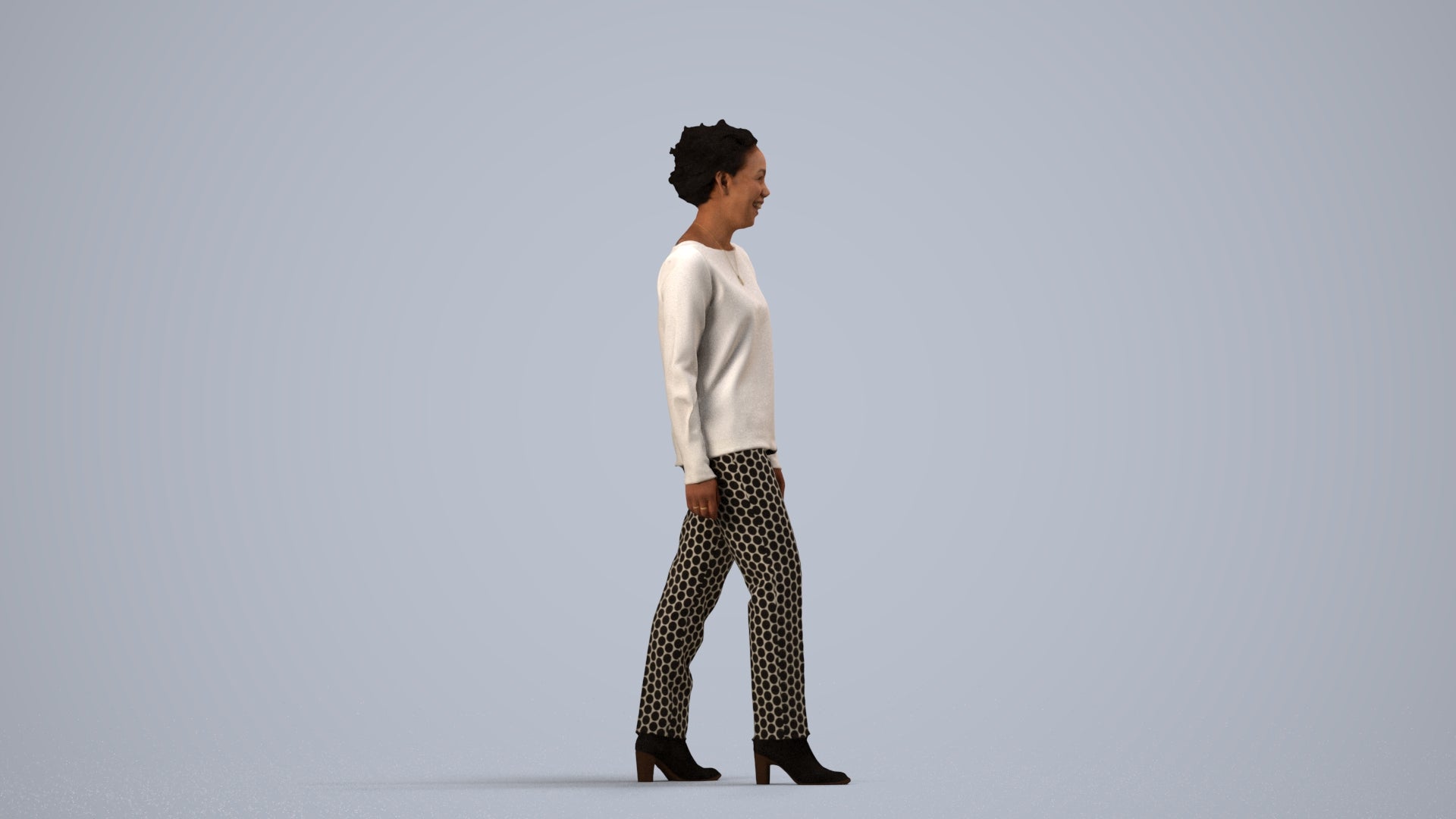 realistic 3D human woman casual walking, archviz people FBX OBJ for Blender, side view render