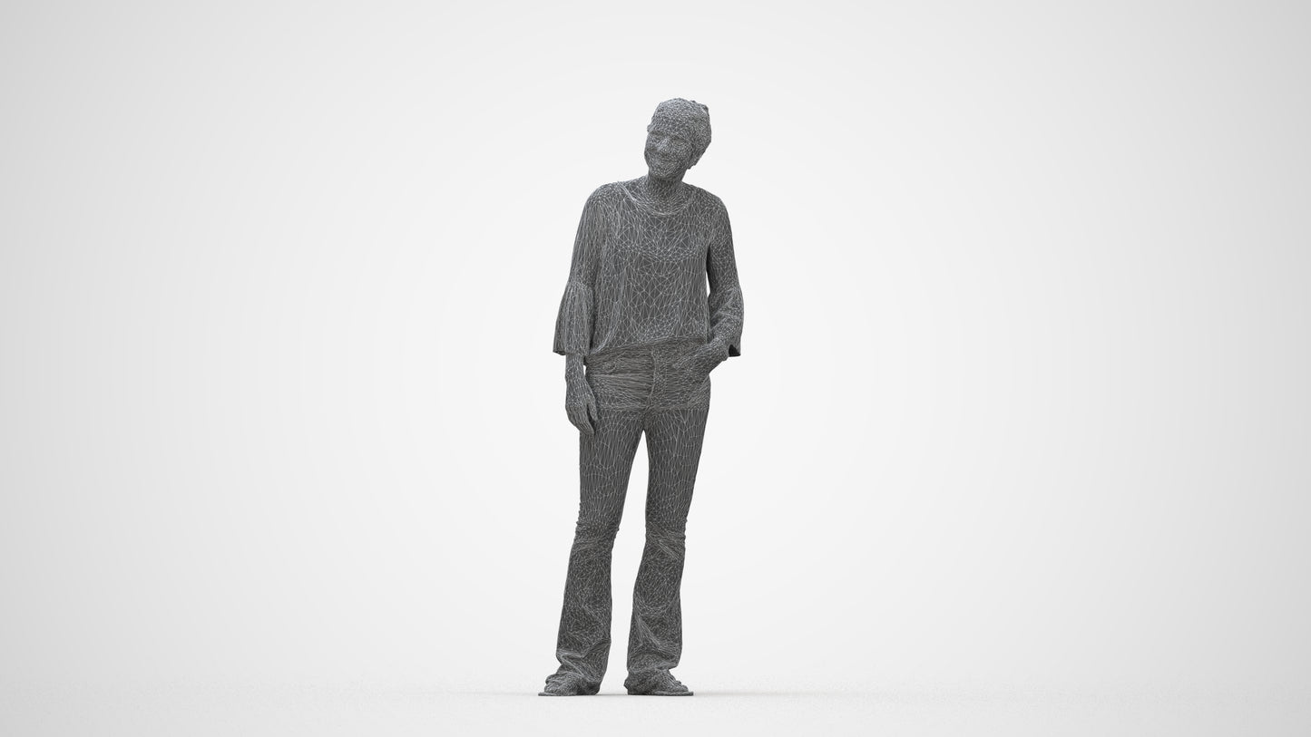 realistic 3D human woman casual standing, archviz people FBX OBJ for Blender, wireframe back view