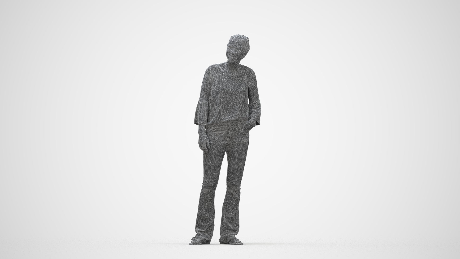 realistic 3D human woman casual standing, archviz people FBX OBJ for Blender, wireframe back view