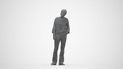 realistic 3D human woman casual standing, archviz people FBX OBJ for Blender, wireframe back view