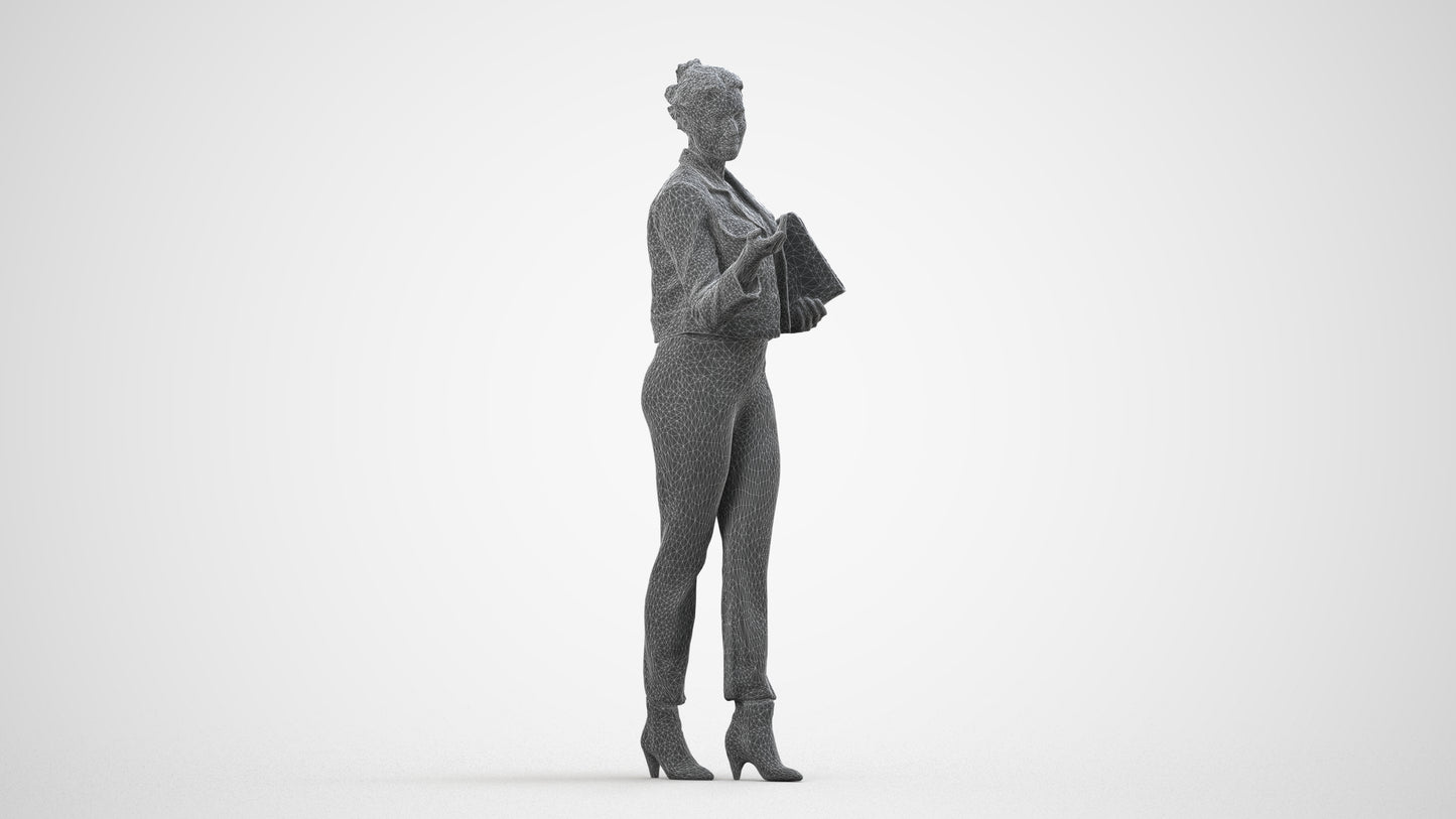 3D human model woman business standing, photogrammetry scanned person for archviz, wireframe side view