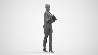 3D human model woman business standing, photogrammetry scanned person for archviz, wireframe side view