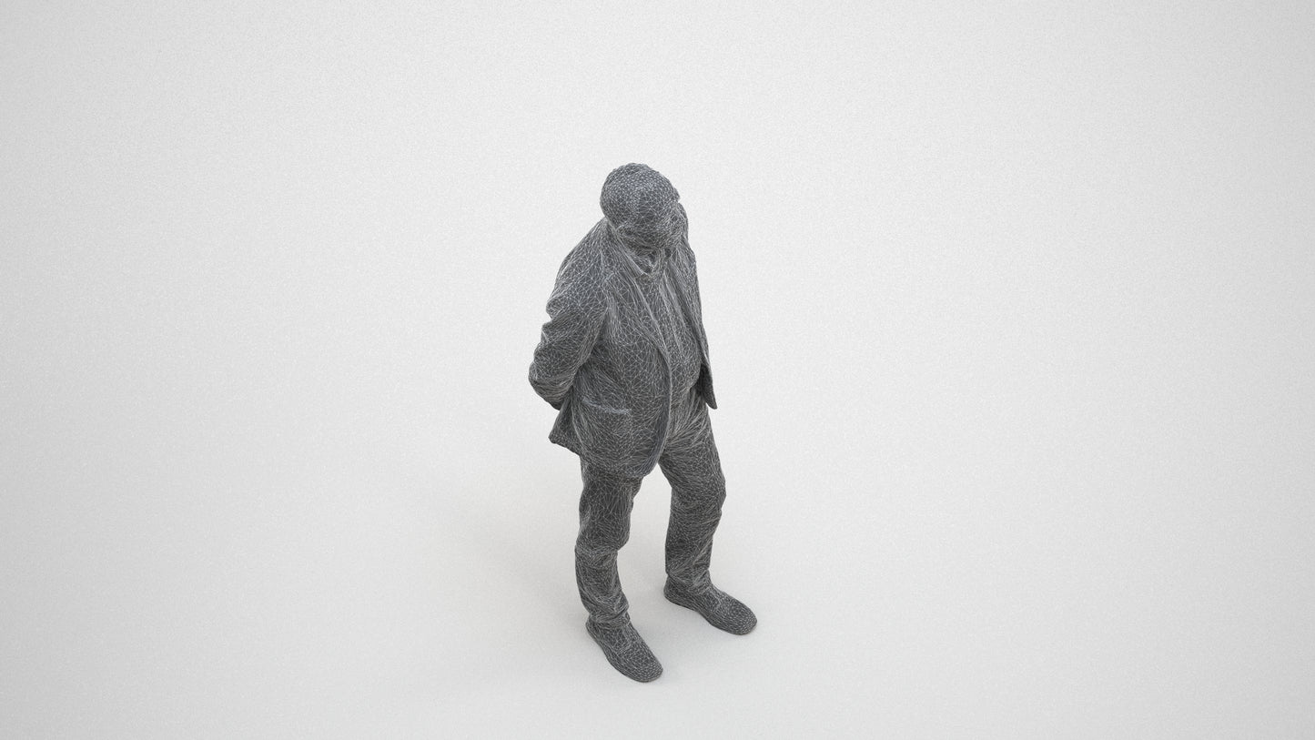realistic 3D human senior man business standing, archviz people FBX OBJ for Blender, wireframe three-quarter view