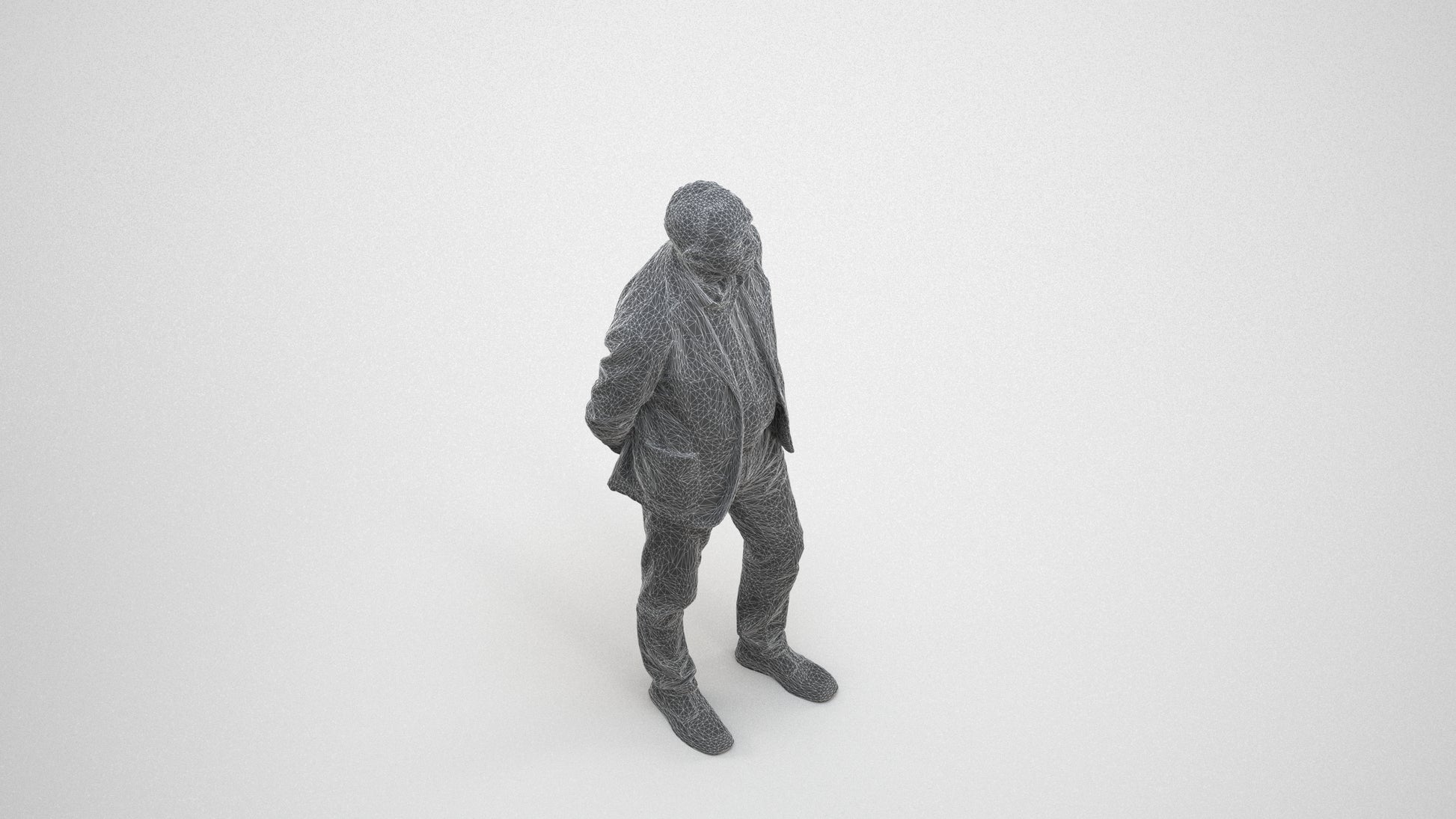 realistic 3D human senior man business standing, archviz people FBX OBJ for Blender, wireframe three-quarter view