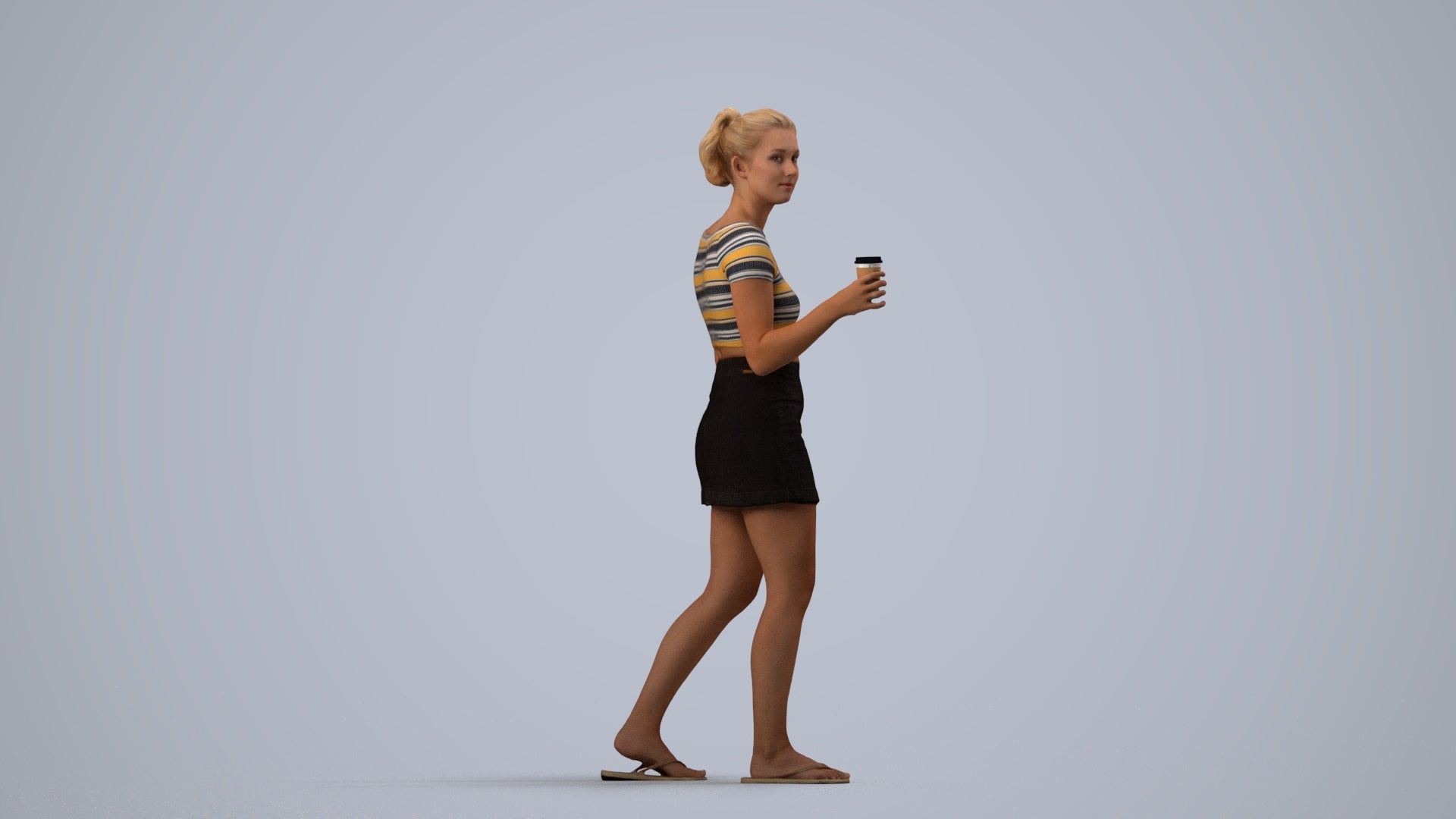 realistic 3D woman casual walking, scanned archviz people for Blender and 3ds Max, side view render