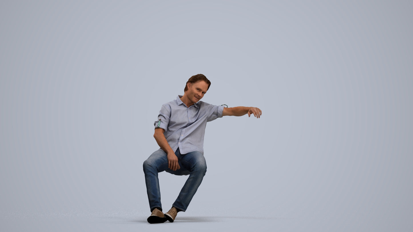 3D human model man casual sitting, photogrammetry scanned person for archviz, standing pose render