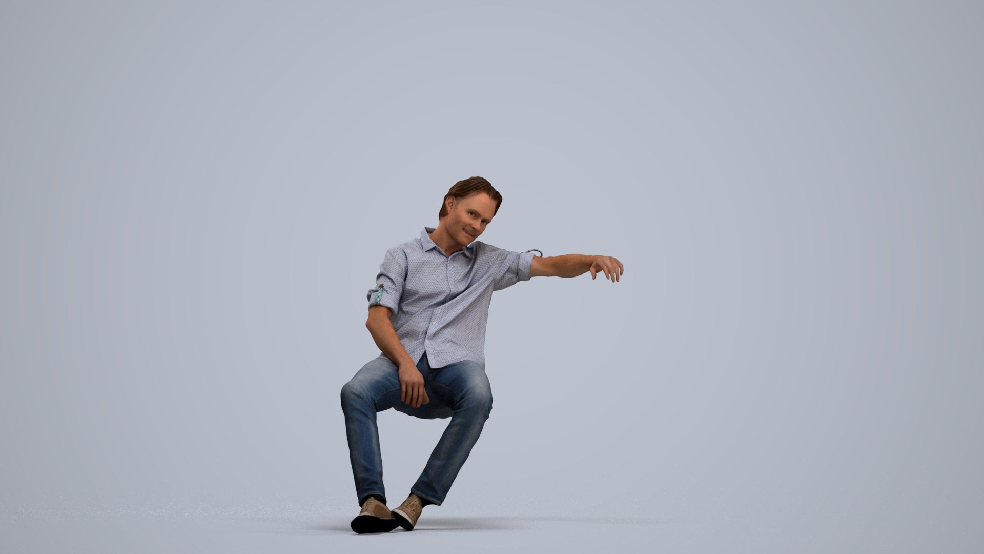 3D human model man casual sitting, photogrammetry scanned person for archviz, standing pose render