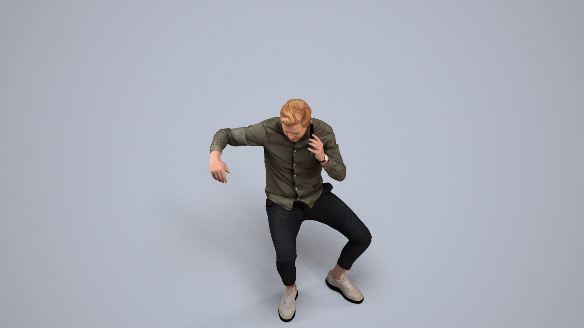 realistic 3D human man casual sitting, archviz people FBX OBJ for Blender, back view render