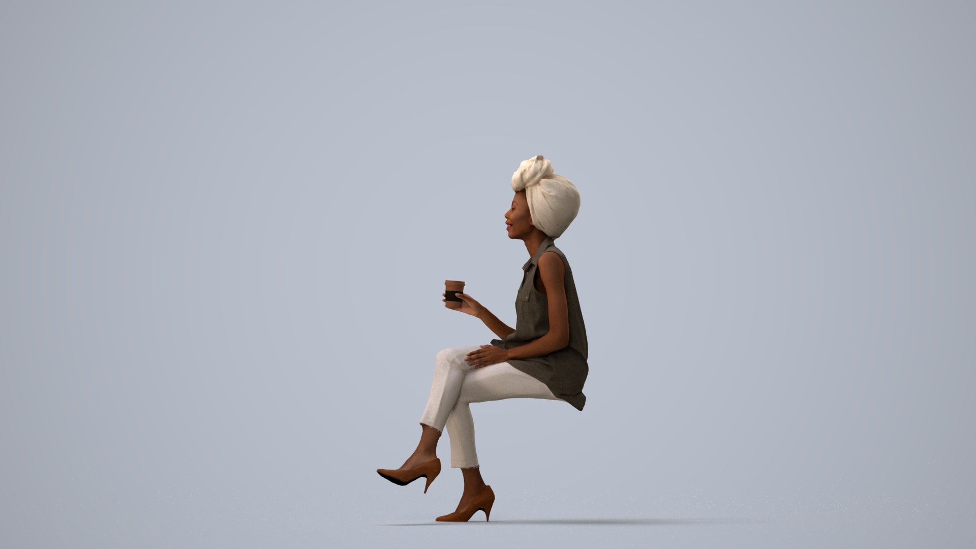 photogrammetry 3D woman casual sitting, realistic human model archviz FBX, three-quarter view render