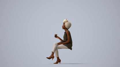 photogrammetry 3D woman casual sitting, realistic human model archviz FBX, three-quarter view render