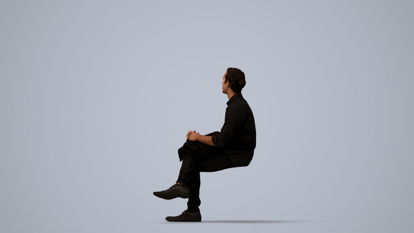 3D scanned man sitting casual, photorealistic archviz people for Enscape and SketchUp, three-quarter view render