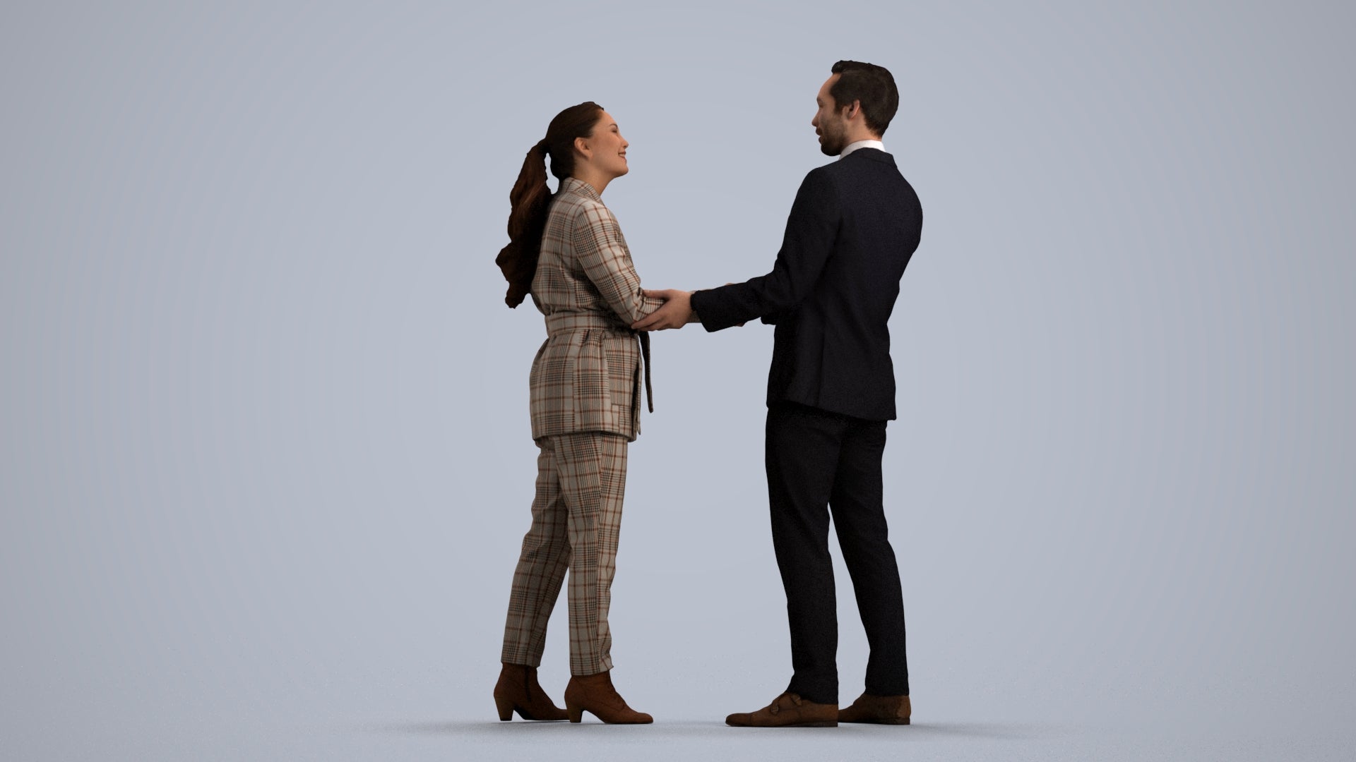 3D human model woman formal business, photogrammetry scanned person for archviz, front view render