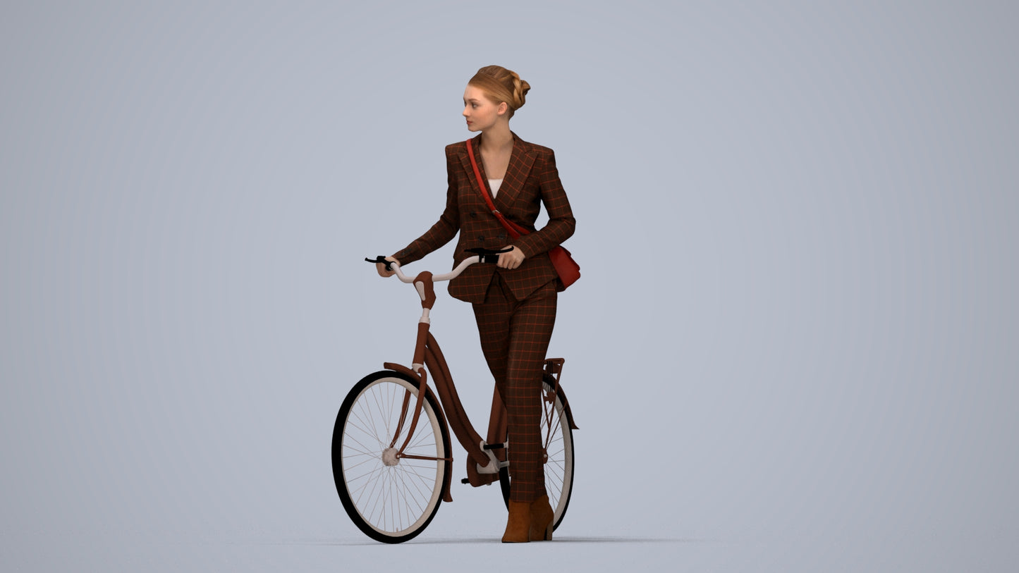realistic 3D human woman business cycling, archviz people FBX OBJ for Blender, top-down view render