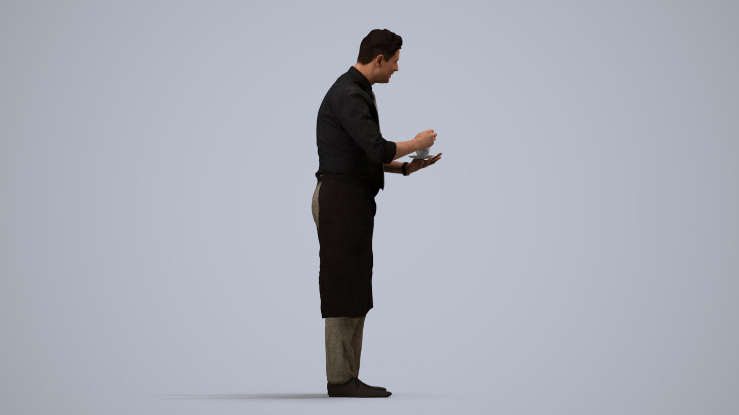 photogrammetry 3D man hospitality, realistic human model archviz FBX, side view render