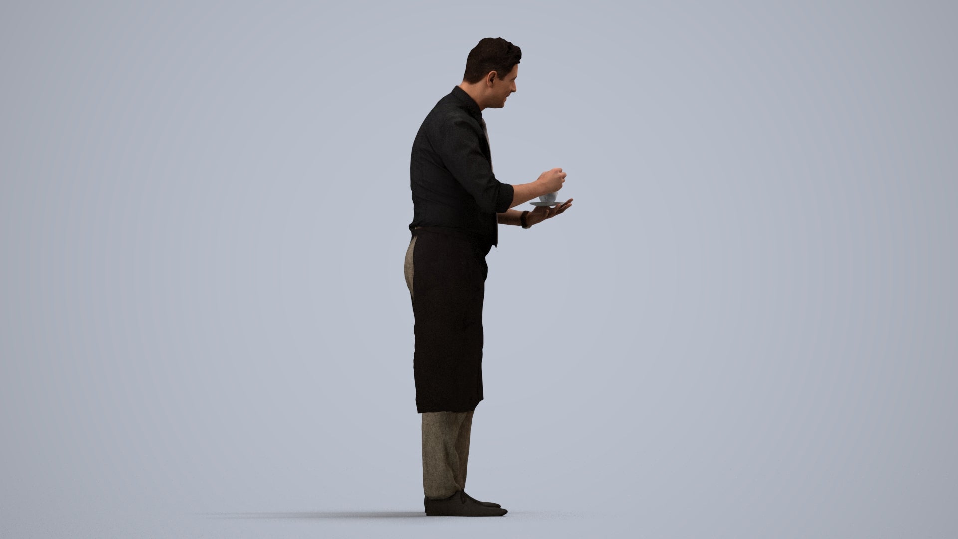 photogrammetry 3D man hospitality, realistic human model archviz FBX, side view render