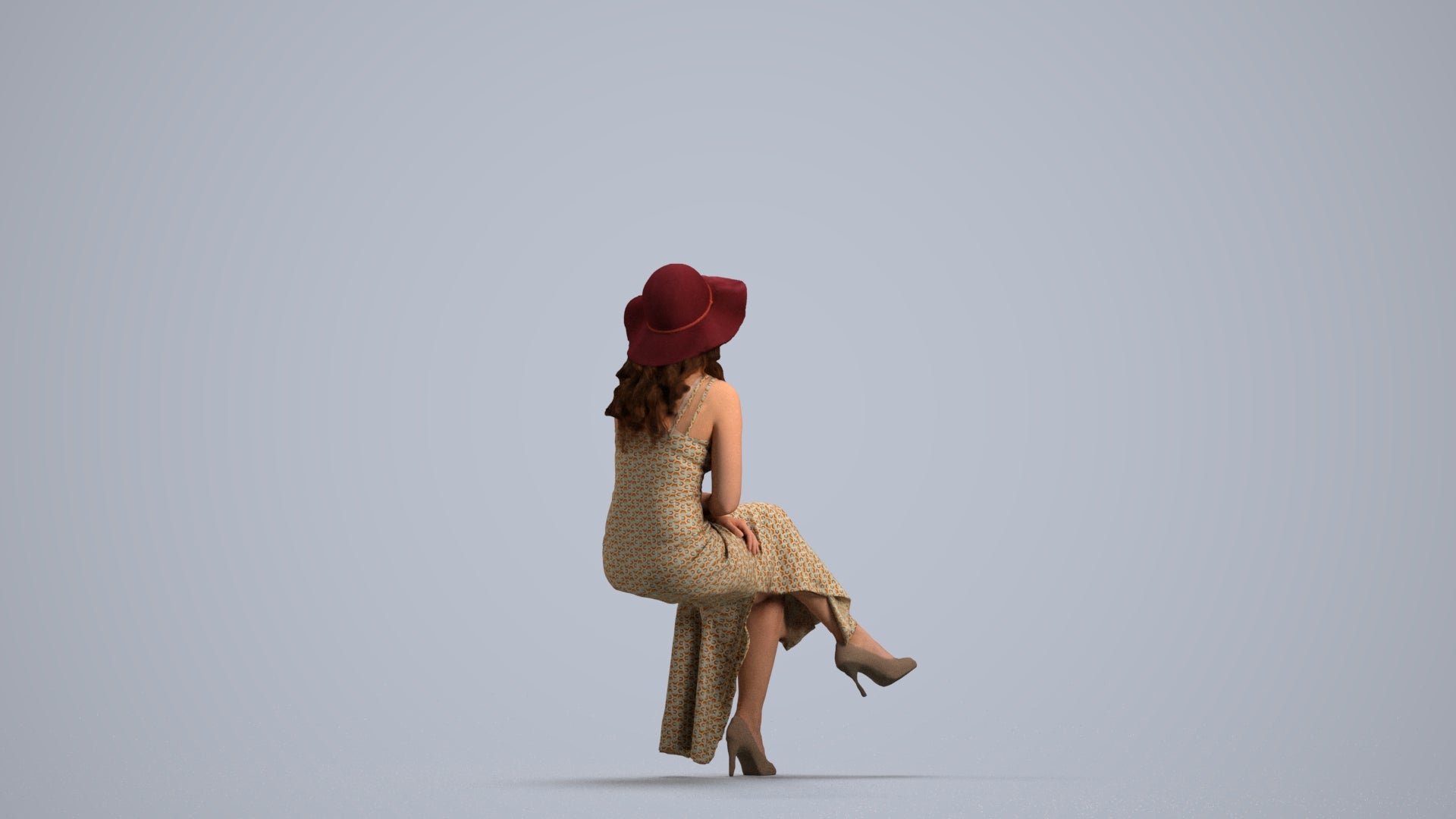 realistic 3D human woman casual sitting, archviz people FBX OBJ for Blender, front view render
