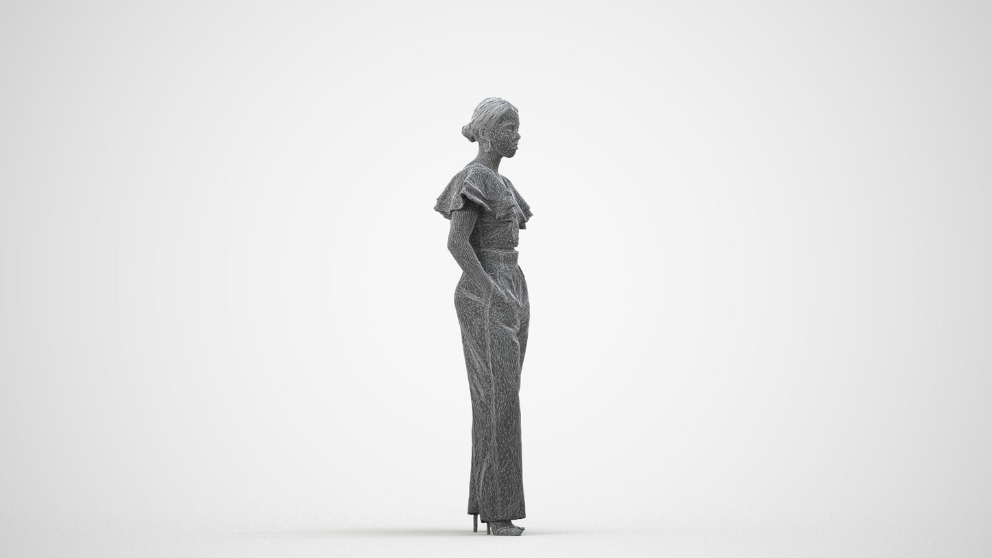 3D scanned woman standing business, photorealistic archviz people for Enscape and SketchUp, wireframe side view