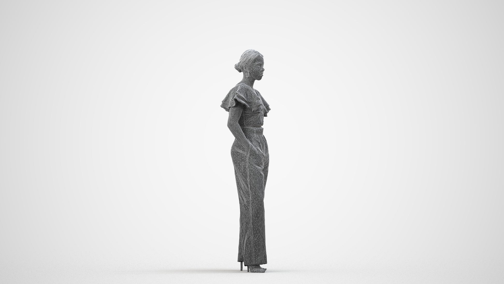 3D scanned woman standing business, photorealistic archviz people for Enscape and SketchUp, wireframe side view